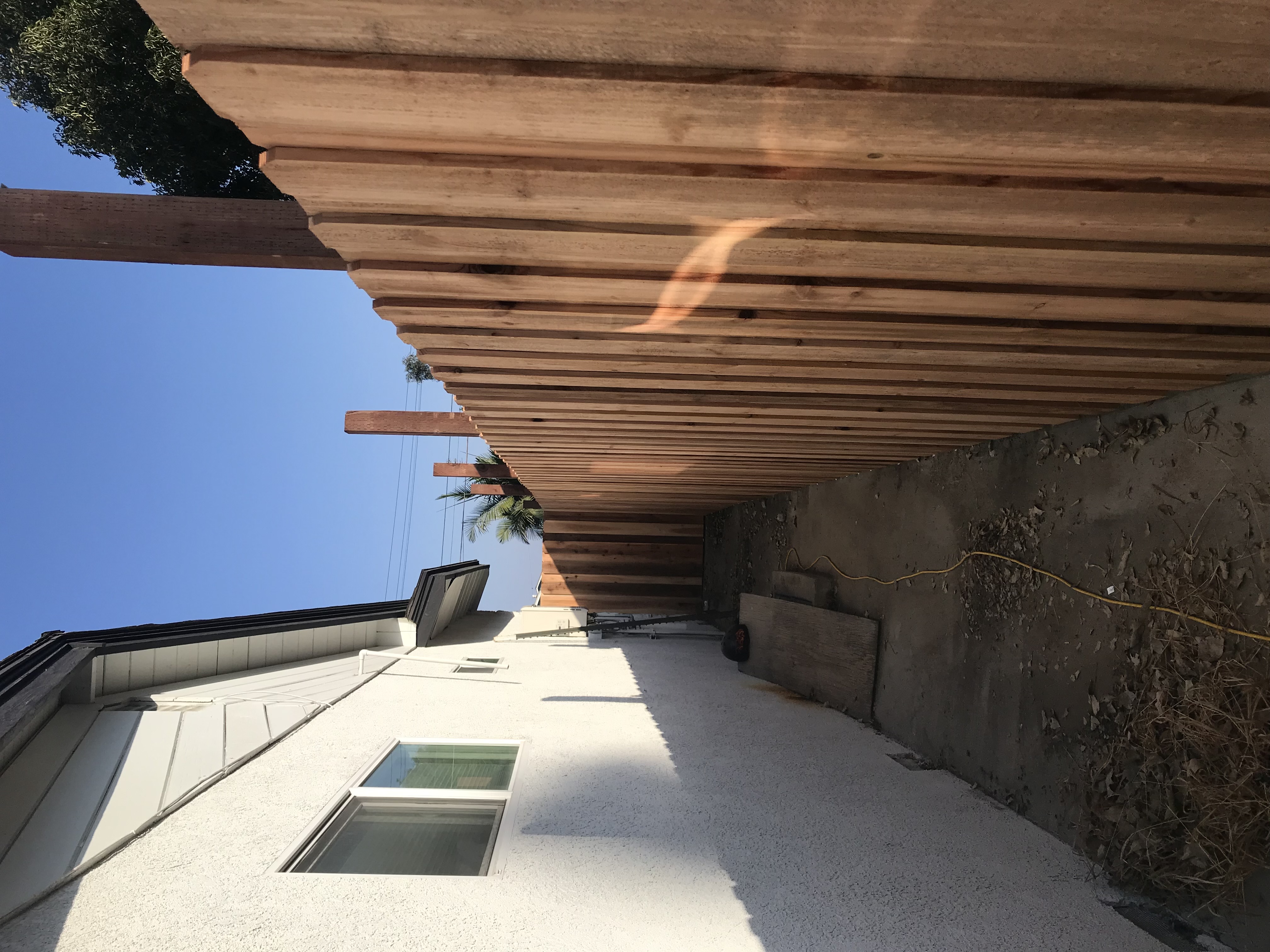 Pergola underside with cedar slat ceiling detail
